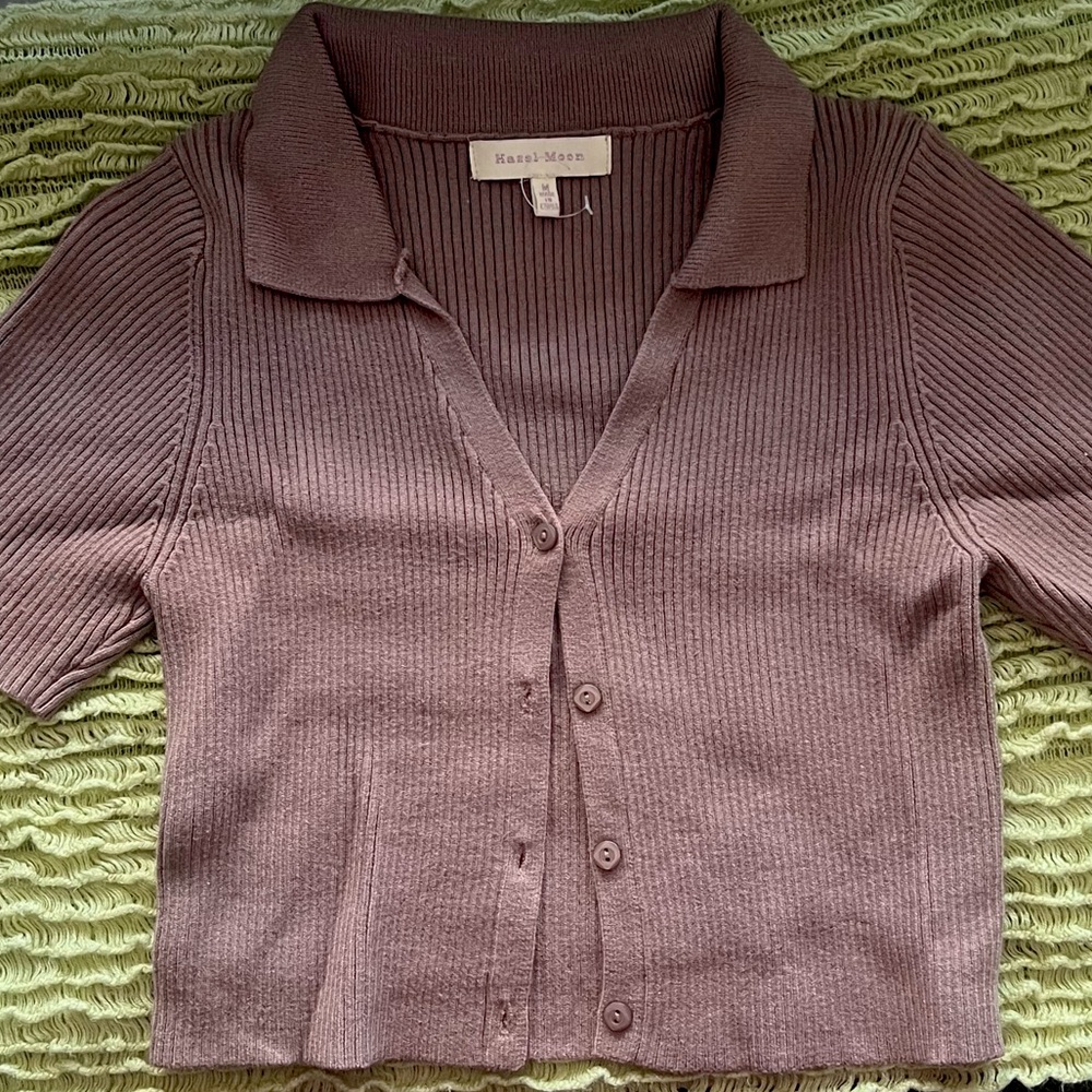 COMFY BROWN SWEATER BUTTON UP CROP TOP